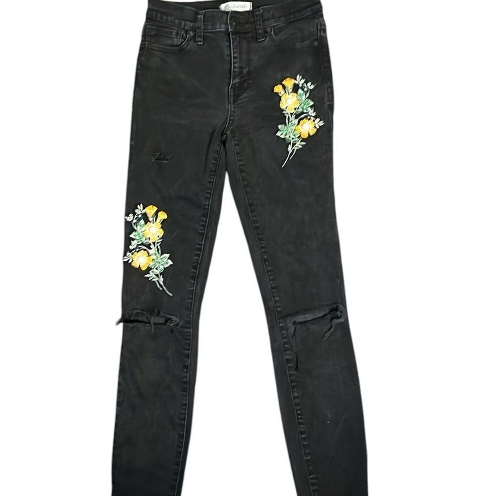 Madewell Embroidered Black Distressed High Rise Skinny Jeans Size 25
